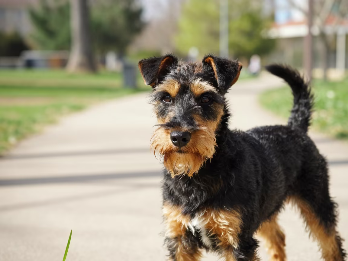 Manchester Terrier Portrait in Netanya Park Light in along a quiet park path with soft open shade and a clean background near Netanya