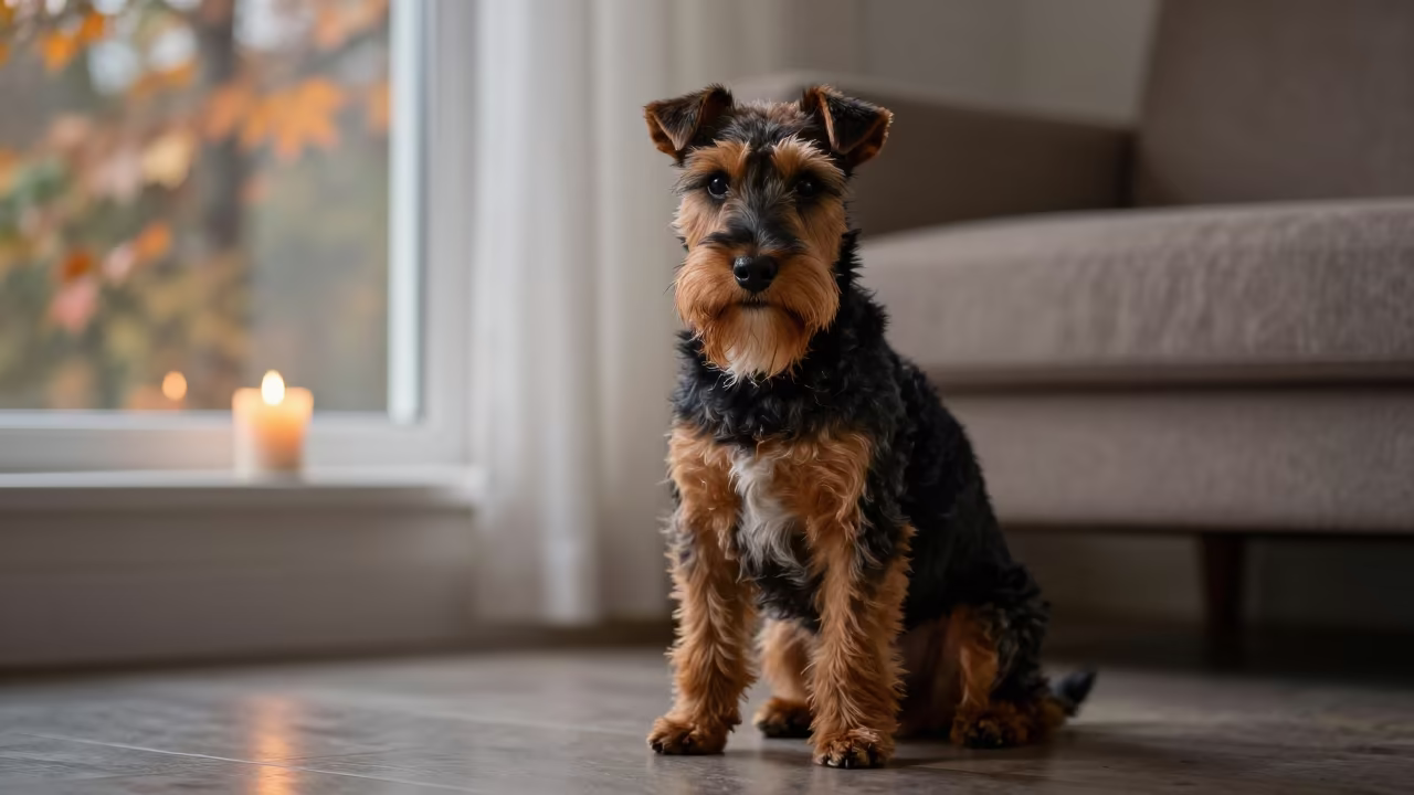 Manchester Terrier Portrait in New Orleans Candlelight in on a sofa near a curtained window with calm indoor light in New Orleans