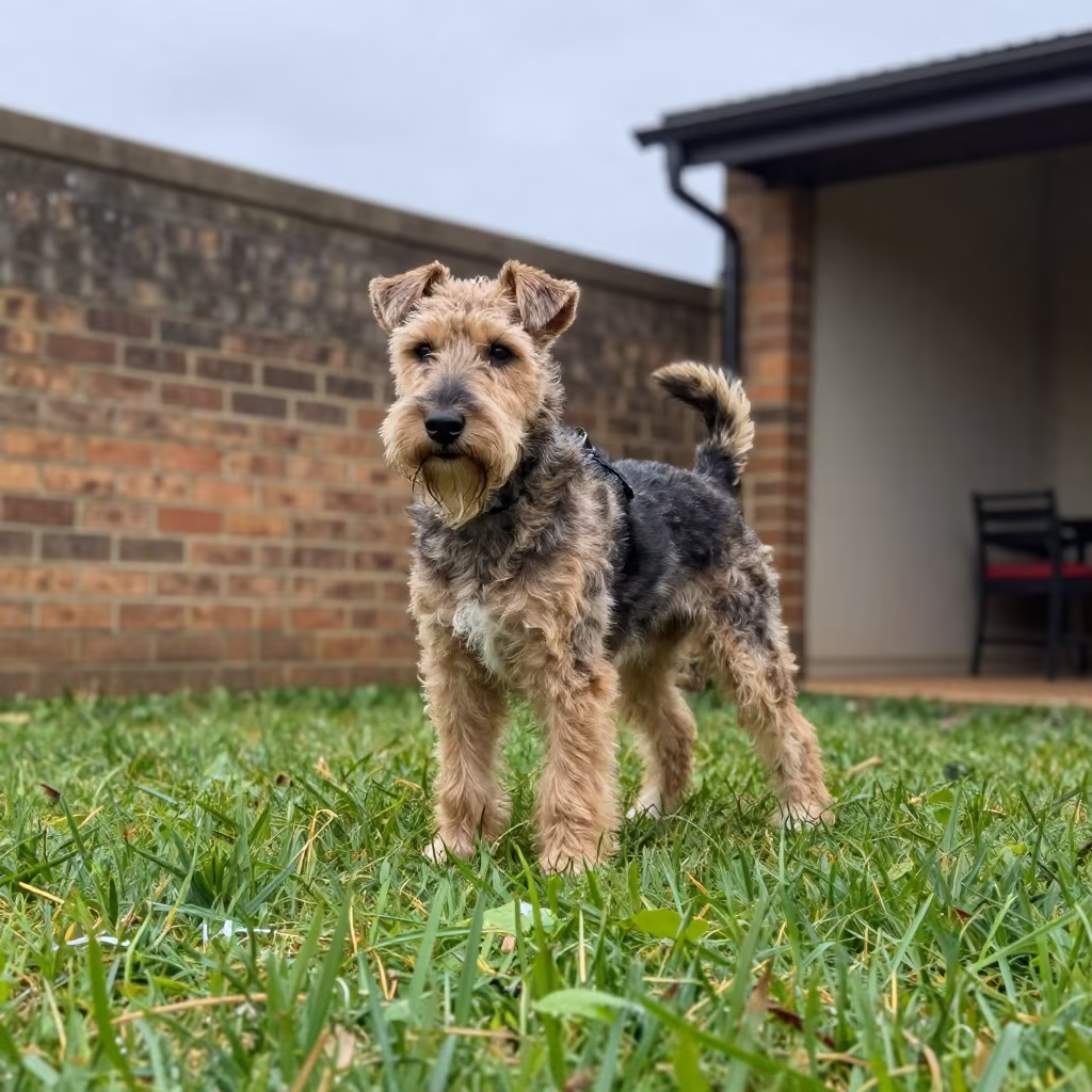 Manchester Terrier Portrait in Newtown Yard in in a small yard with clipped grass, calm light, and the animal centered in frame in Newtown, Johannesburg