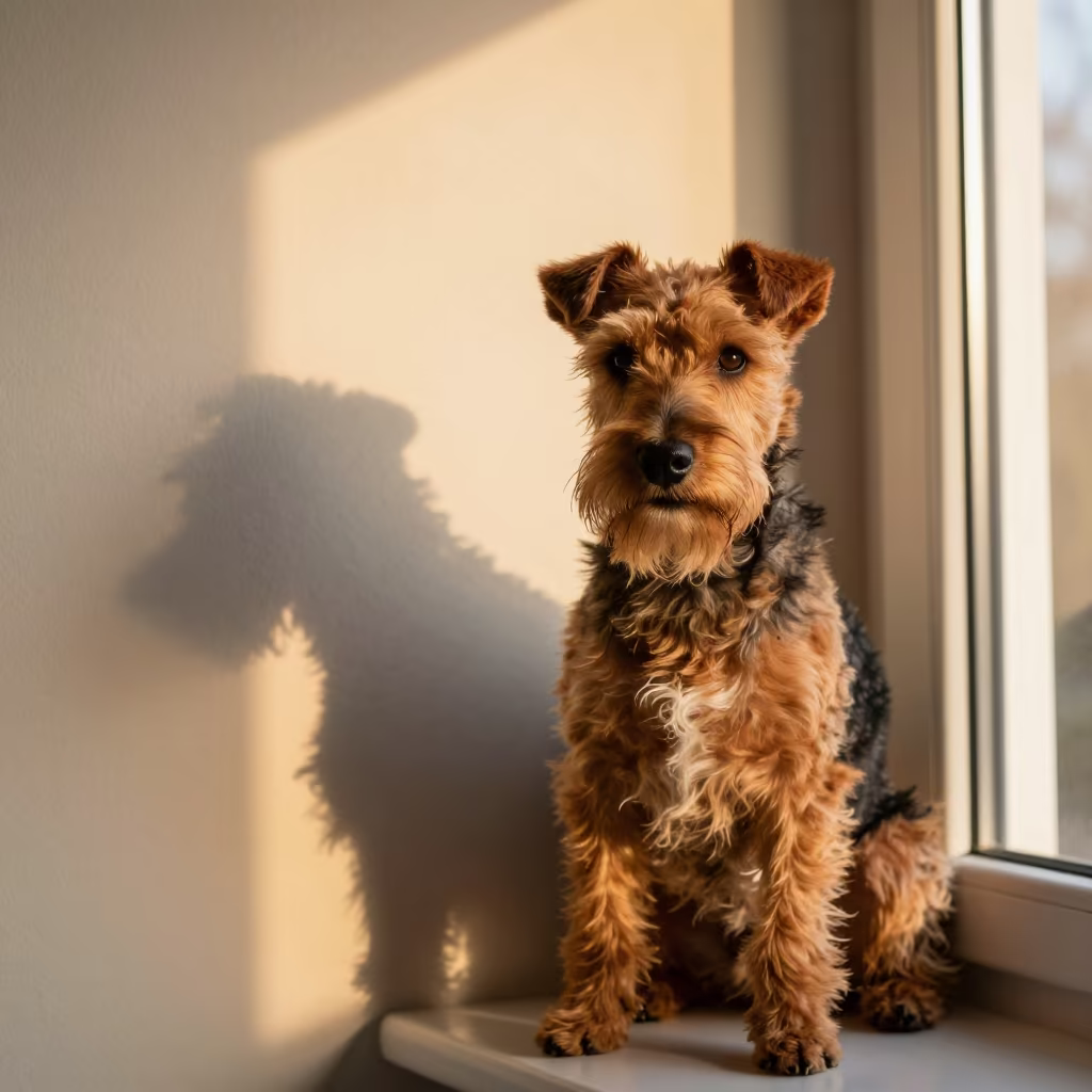 Manchester Terrier Portrait in Nuremberg Interior in beside a plain plaster wall in soft indoor light with the animal centered in frame in Nuremberg