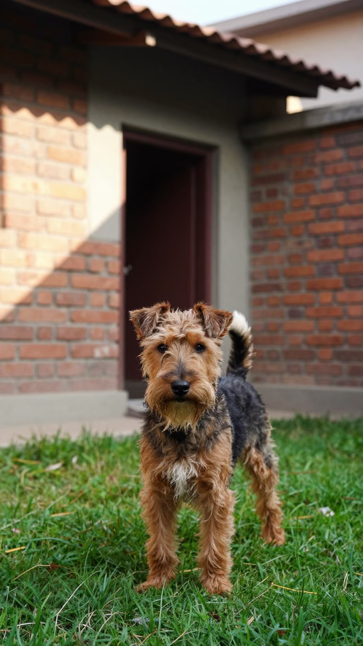 Manchester Terrier Portrait in Pakpattan Yard in in a small yard with clipped grass, calm light, and the animal centered in frame in Pakpattan
