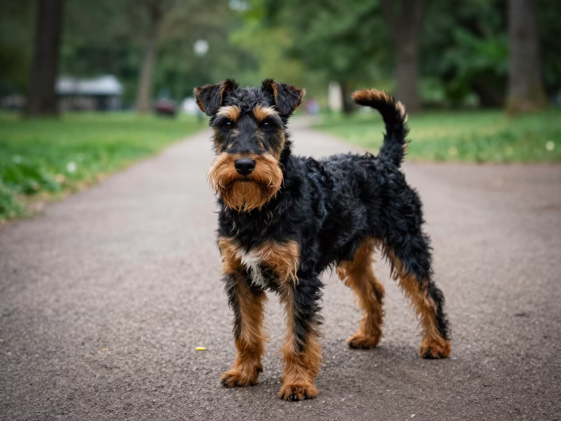 Manchester Terrier Portrait in Park Shade in along a quiet park path with soft open shade and a clean background in Libertad