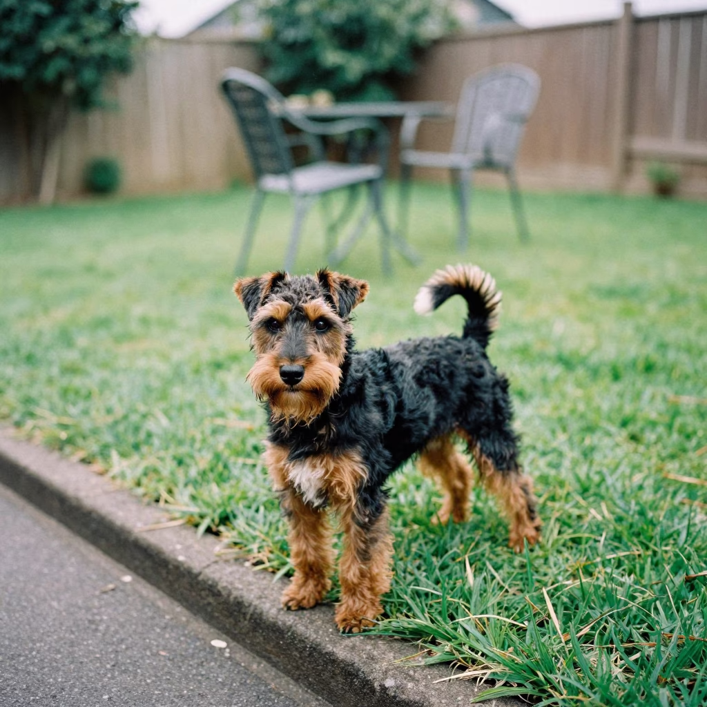 Manchester Terrier Portrait in Perth Yard in in a small yard with clipped grass, calm light, and the animal centered in frame in Perth