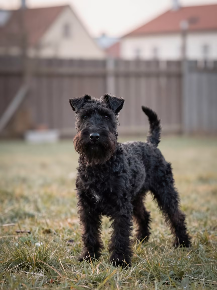 Manchester Terrier Portrait in Prague Winter Yard in in a small yard with clipped grass, calm light, and the animal centered in frame in Prague