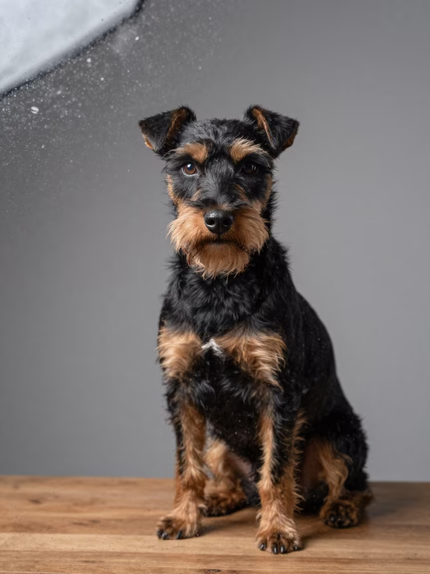 Manchester Terrier Portrait in Puente Alto Studio in in a quiet portrait studio with a plain backdrop and eye-level framing in Puente Alto