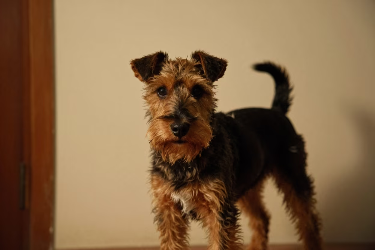 Manchester Terrier Portrait in Pune Plaster Corner in beside a plain plaster wall in soft indoor light with the animal centered in frame in Pune