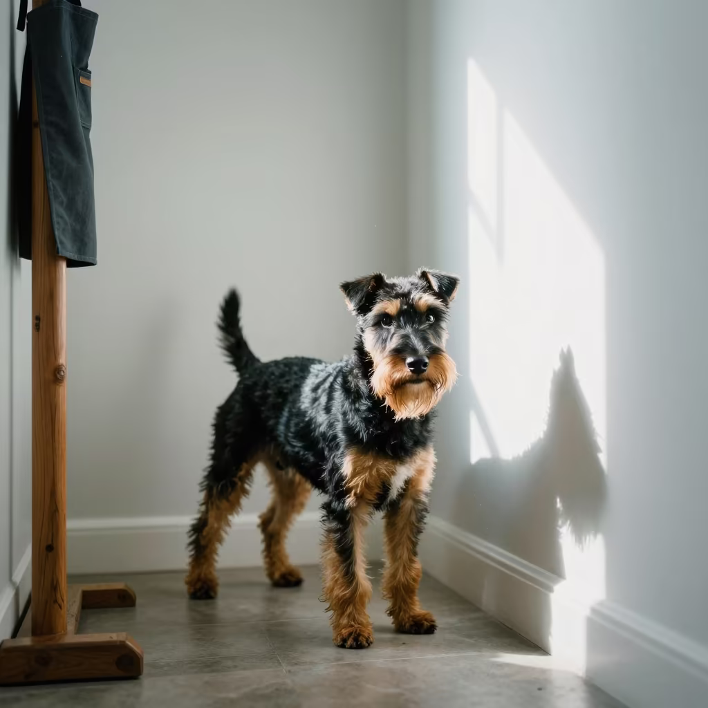 Manchester Terrier Portrait in Querétaro Home in beside a plain plaster wall in soft indoor light with the animal centered in frame in Santiago de Querétaro