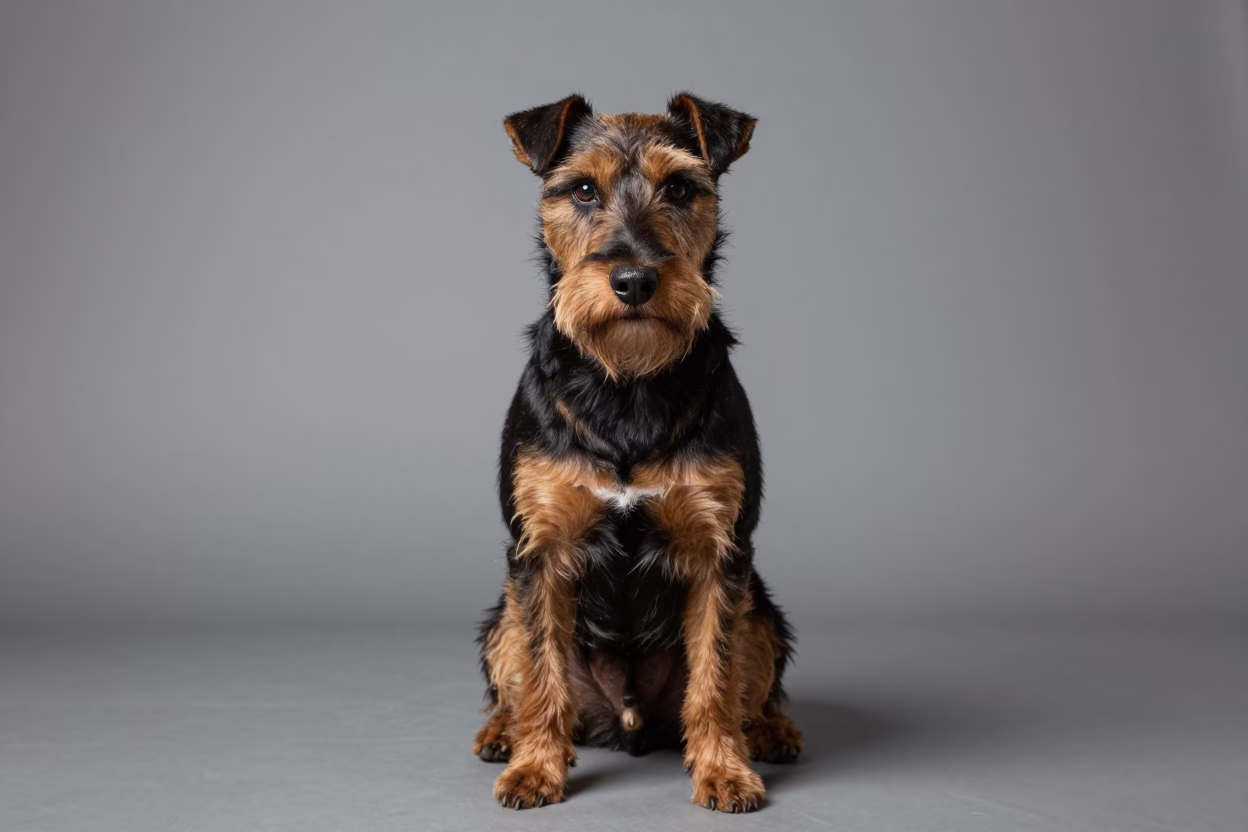 Manchester Terrier Portrait in Sapporo Studio in in a quiet portrait studio with a plain backdrop and eye-level framing in Sapporo