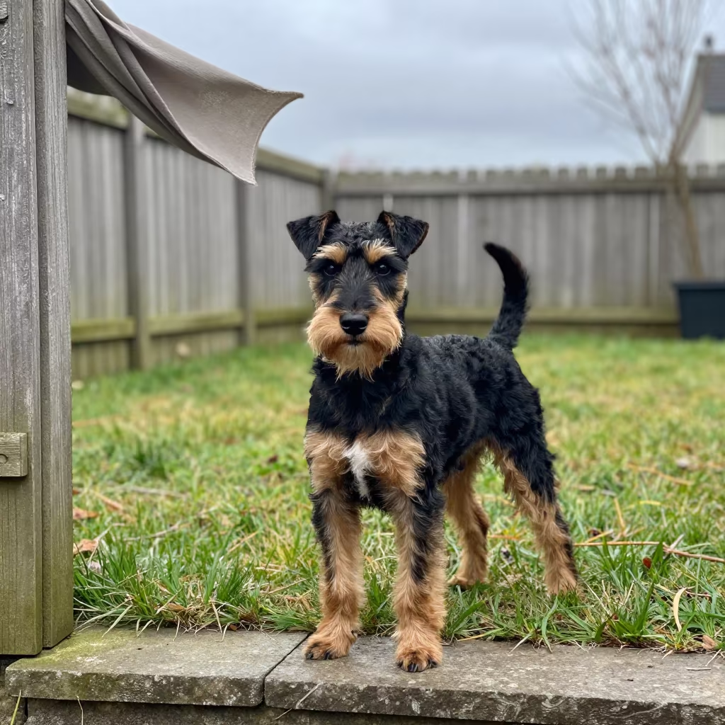 Manchester Terrier Portrait in Seeb Yard in in a small yard with clipped grass, calm light, and the animal centered in frame in Seeb