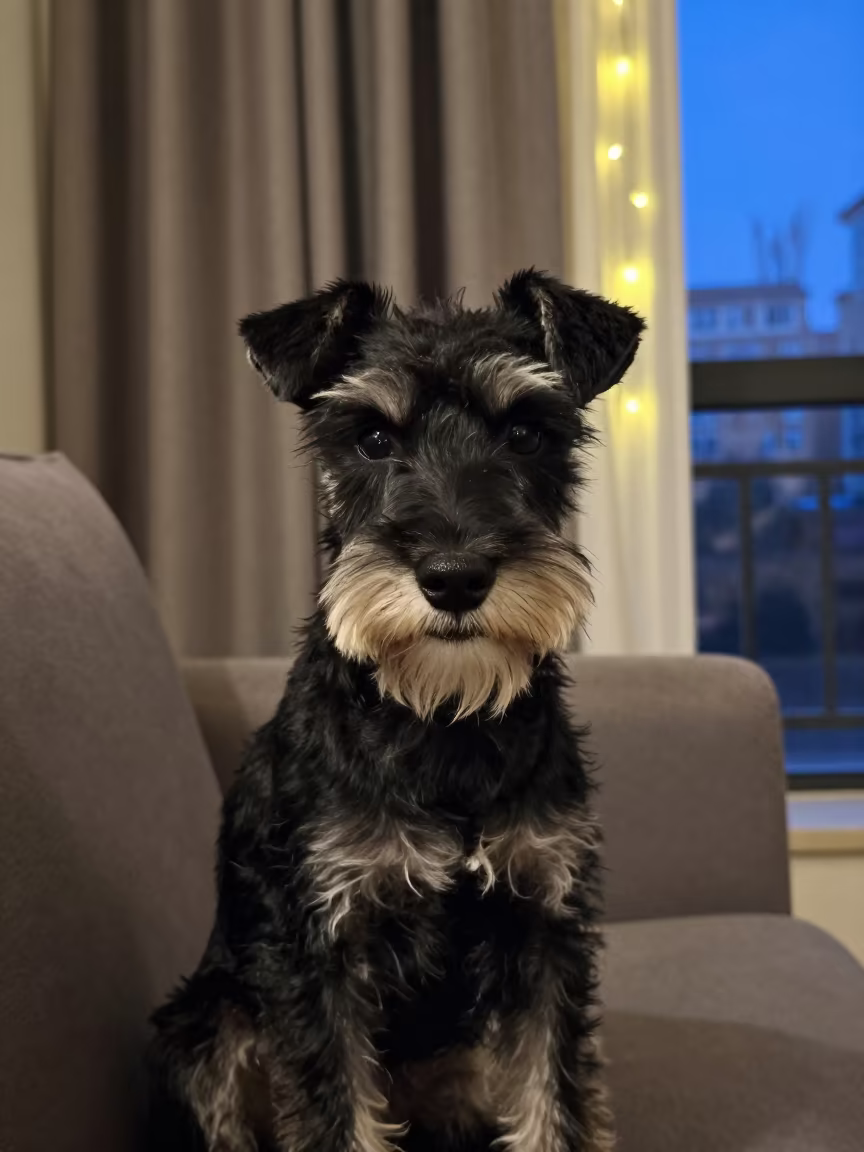 Manchester Terrier Portrait in Shanghai Evening Light in on a sofa near a curtained window with calm indoor light near Shanghai