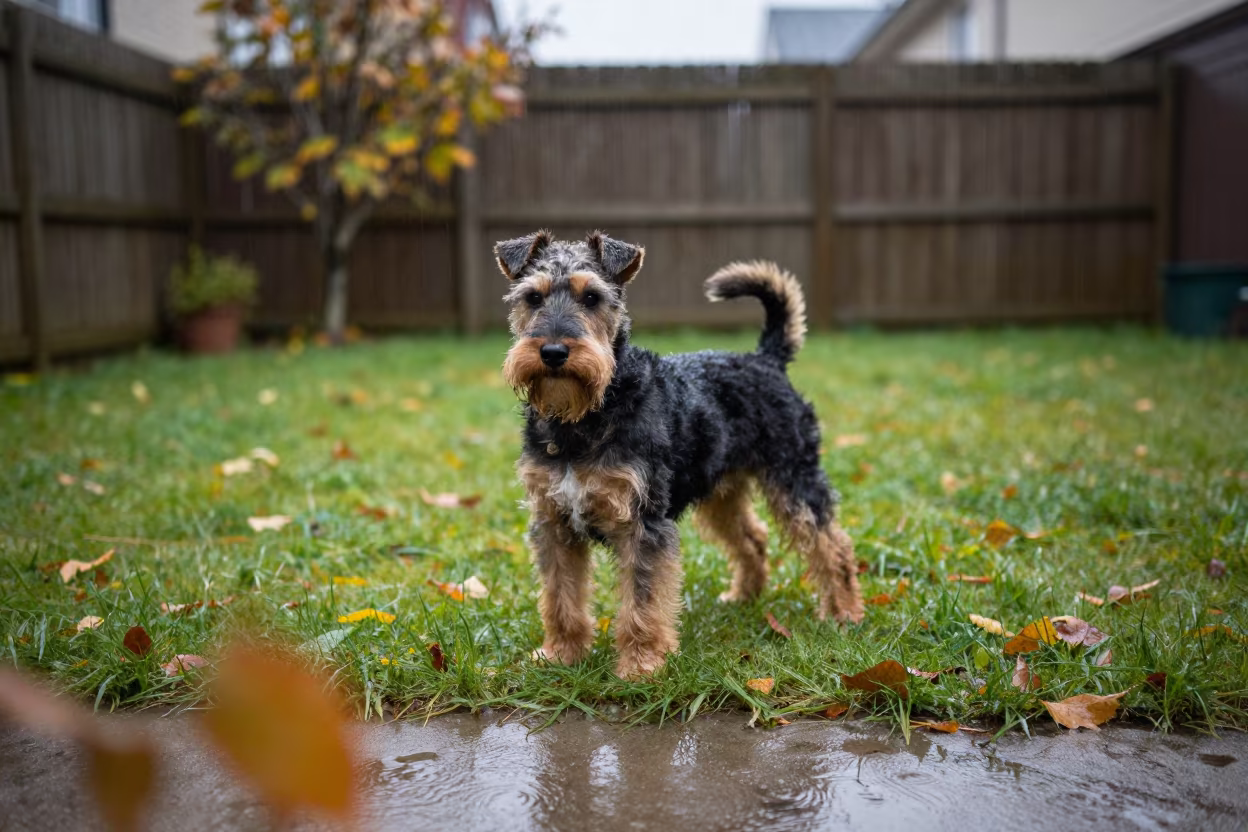 Manchester Terrier Portrait in Shanghai Yard in in a small yard with clipped grass, calm light, and the animal centered in frame in Shanghai