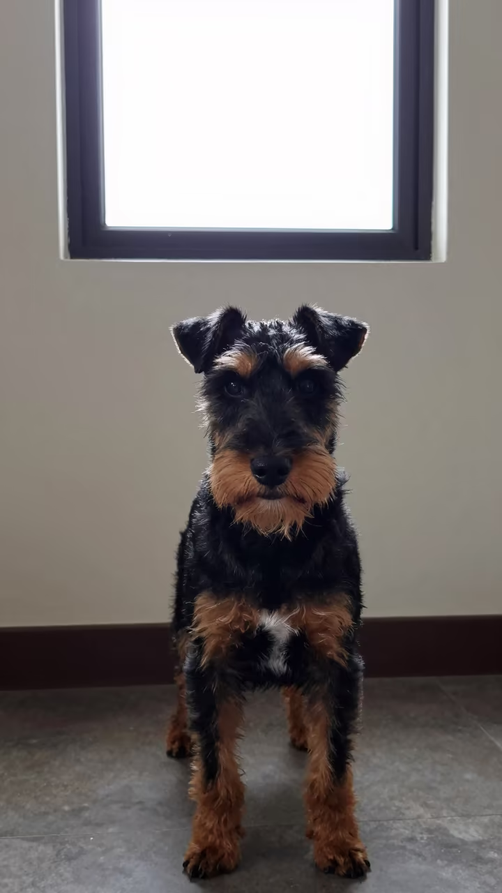 Manchester Terrier Portrait in Singapore Indoor Light in beside a plain plaster wall in soft indoor light with the animal centered in frame in Singapore