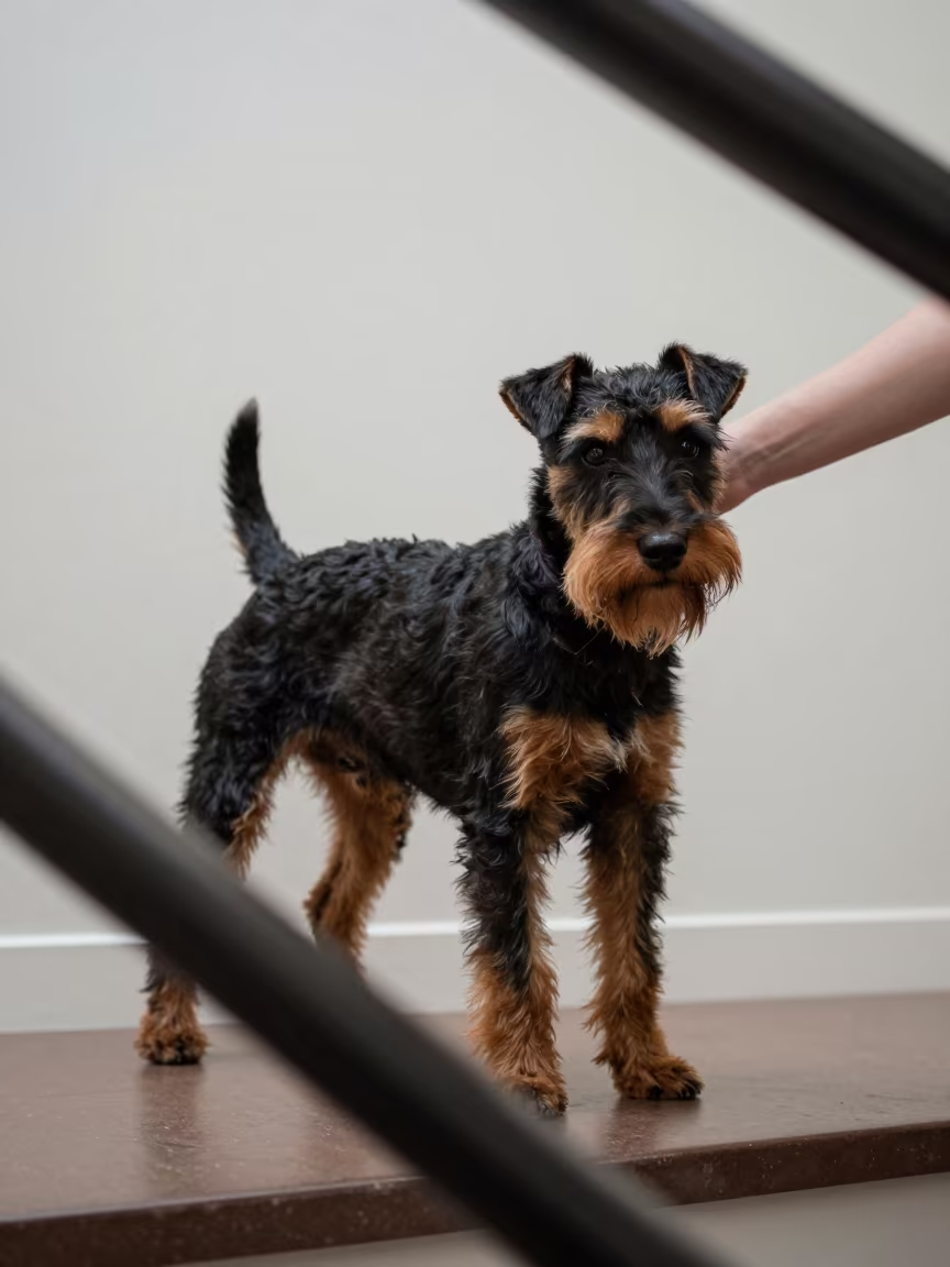 Manchester Terrier Portrait in Soft Alice Springs Light in beside a plain plaster wall in soft indoor light with the animal centered in frame in Alice Springs