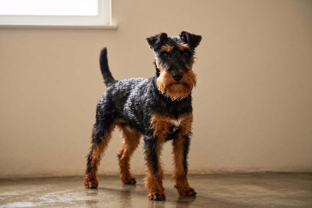 Manchester Terrier Portrait in Soft Cuban Light in beside a plain plaster wall in soft indoor light with the animal centered in frame in Guantánamo
