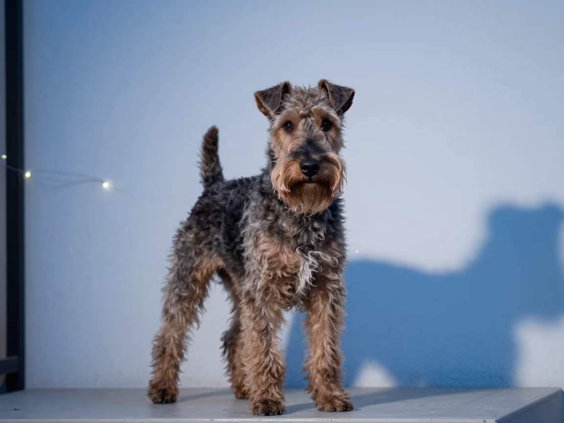 Manchester Terrier Portrait in Soft Evening Light in beside a plain plaster wall in soft indoor light with the animal centered in frame near Barcelona