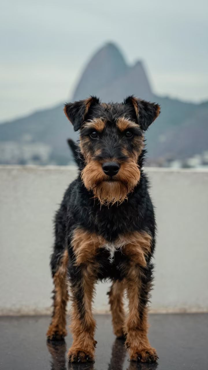 Manchester Terrier Portrait in Soft Rio Light in beside a plain plaster wall in soft indoor light with the animal centered in frame near Santa Teresa, Rio de Janeiro