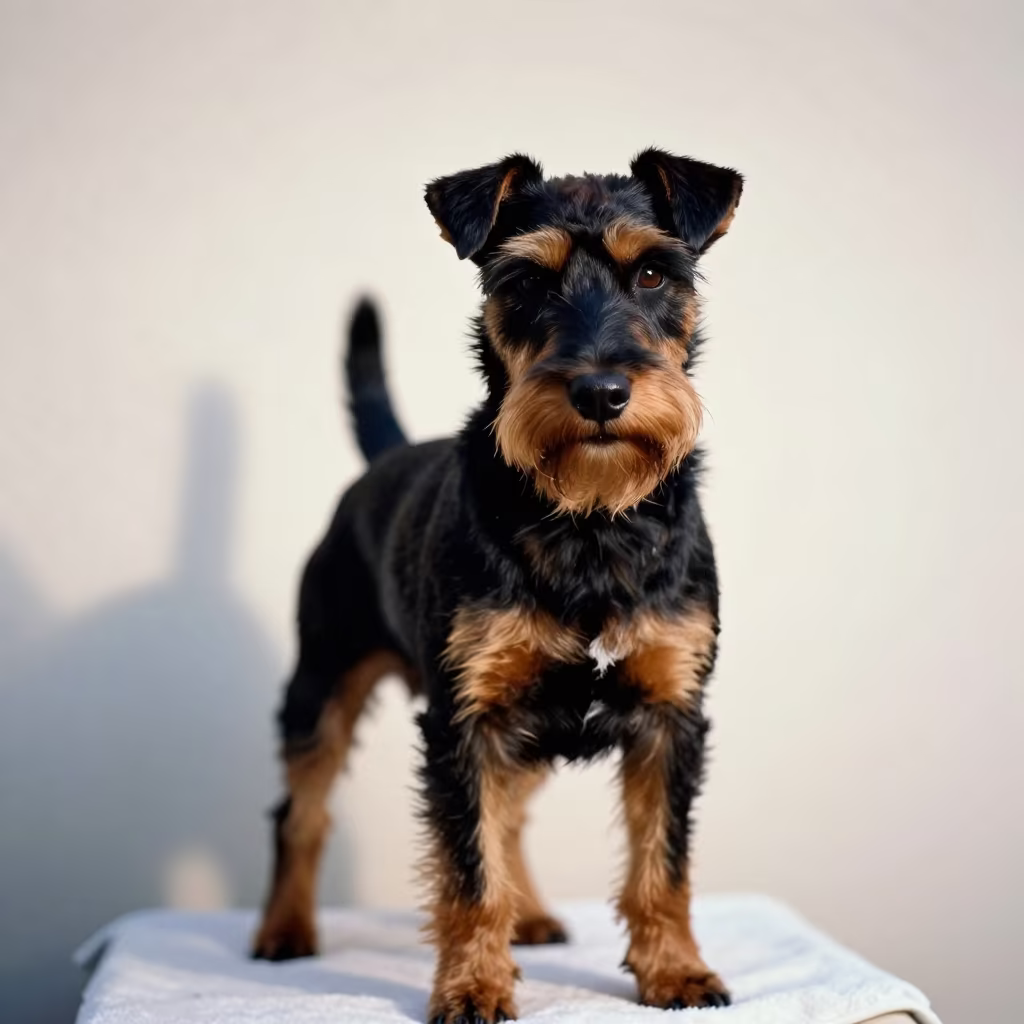 Manchester Terrier Portrait in Soft Xiamen Light in beside a plain plaster wall in soft indoor light with the animal centered in frame in Xiamen