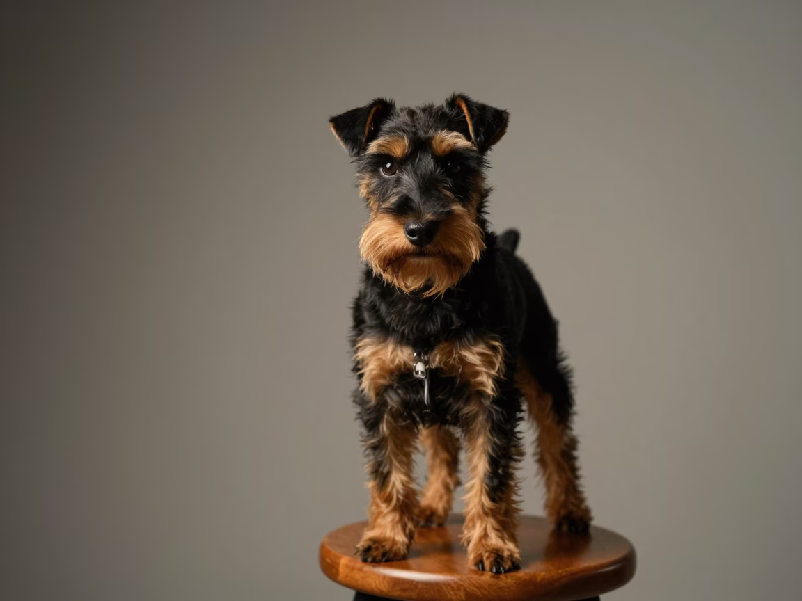 Manchester Terrier Portrait in Suzhou Studio in in a quiet portrait studio with a plain backdrop and eye-level framing in Suzhou