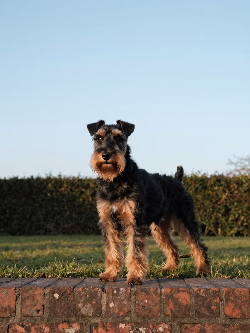 Manchester Terrier Portrait in Thane Yard in in a small yard with clipped grass, calm light, and the animal centered in frame near Thane