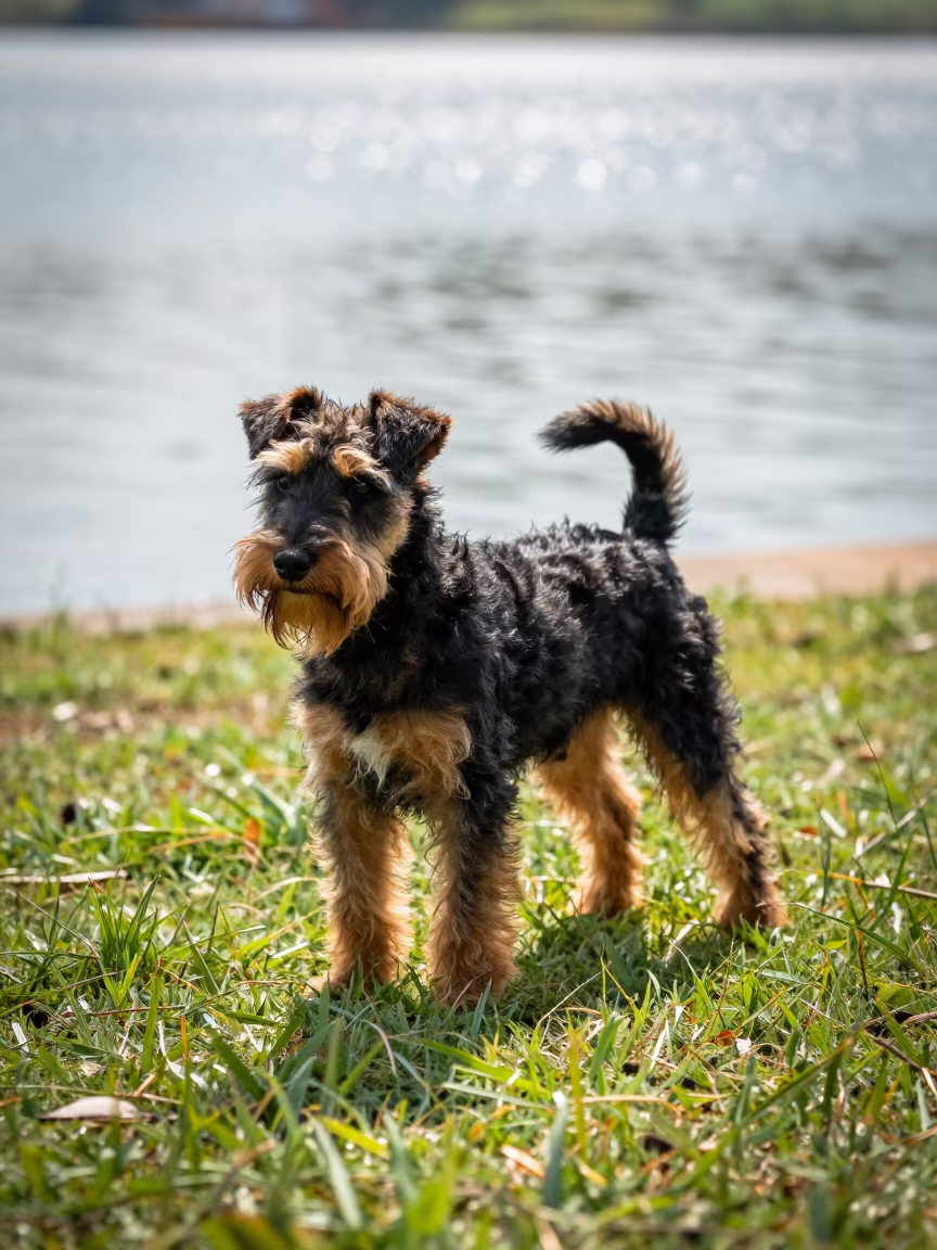 Manchester Terrier Portrait in Thiruvananthapuram Yard in in a small yard with clipped grass, calm light, and the animal centered in frame near Thiruvananthapuram