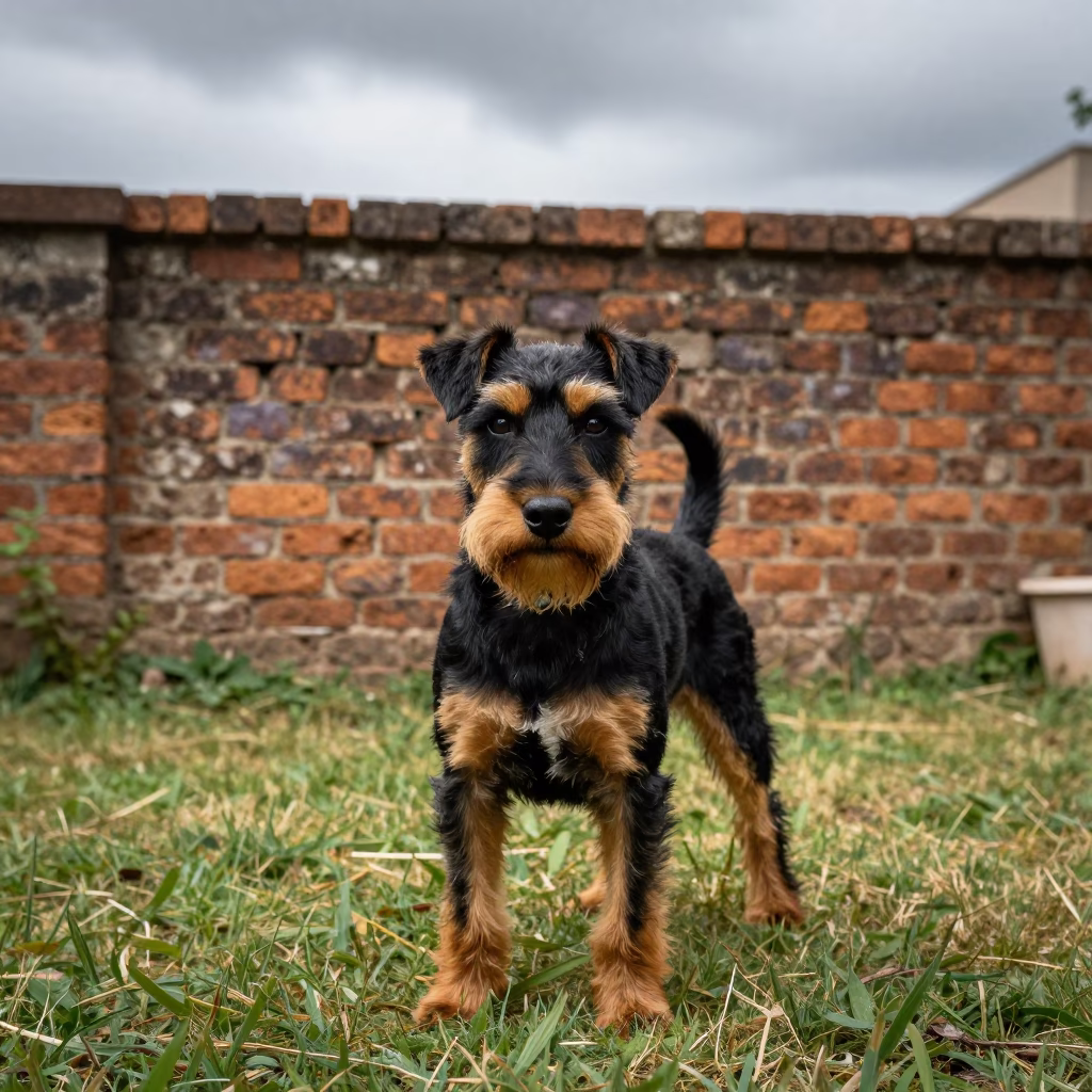 Manchester Terrier Portrait in Udaipur Small Yard in in a small yard with clipped grass, calm light, and the animal centered in frame in Udaipur
