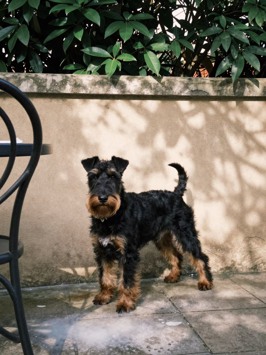 Manchester Terrier Portrait in Vitoria Courtyard in beside a plain courtyard wall in clear daylight with the animal at eye level in Vitoria