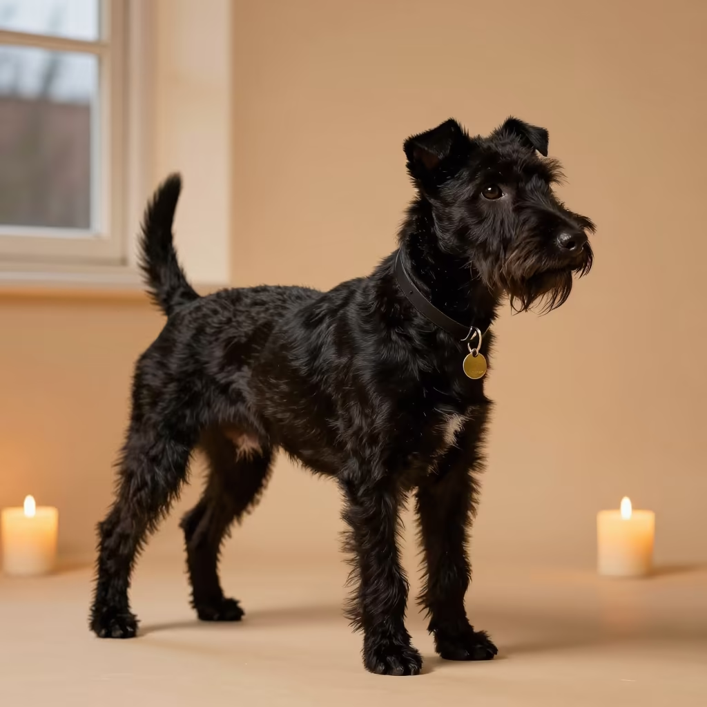 Manchester Terrier Portrait in Warm Studio Light in in a quiet portrait studio with a plain backdrop and eye-level framing near Shenzhen