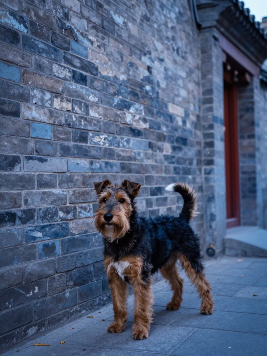 Manchester Terrier Portrait in Winter Beijing Morning in near a garden edge with soft morning light and an uncluttered background near Liulichang, Beijing