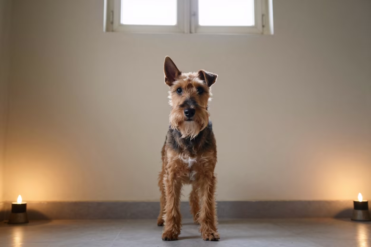 Manchester Terrier Portrait in Winter Light in beside a plain plaster wall in soft indoor light with the animal centered in frame in Ludhiana