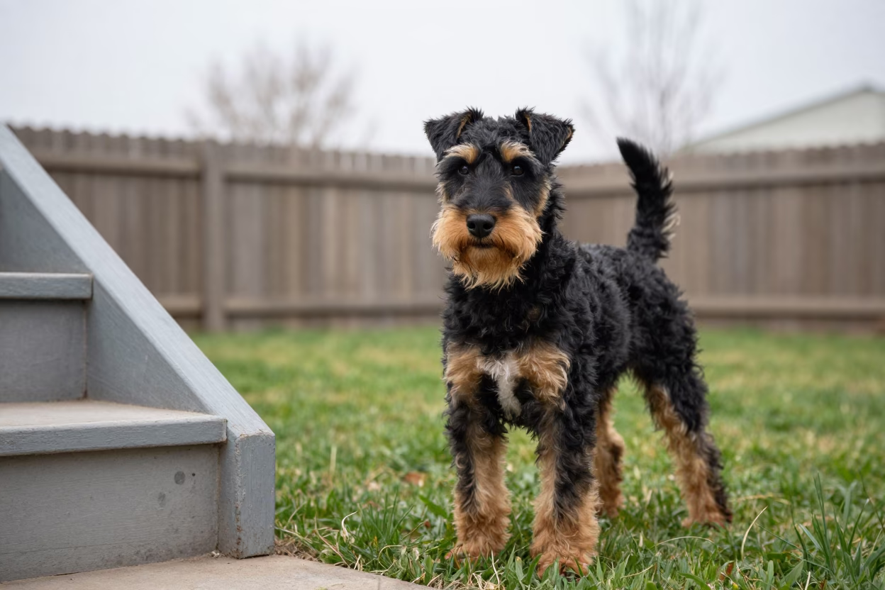 Manchester Terrier Portrait in Xining Spring Yard in in a small yard with clipped grass, calm light, and the animal centered in frame in Xining