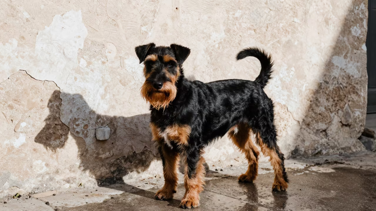 Manchester Terrier Portrait in Zarqa Courtyard in beside a plain courtyard wall in clear daylight with the animal at eye level in Zarqa