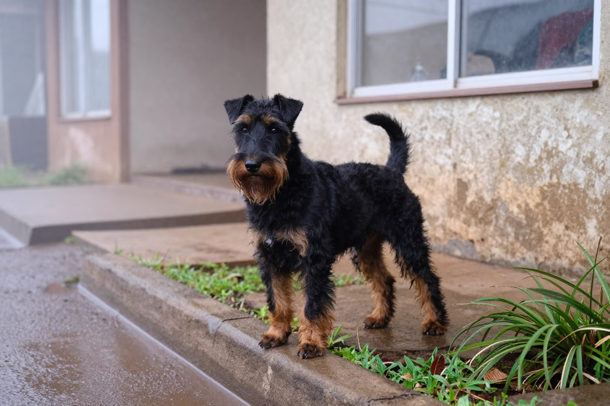 Manchester Terrier Portrait Morning Garden Edge in near a garden edge with soft morning light and an uncluttered background in Nkongsamba