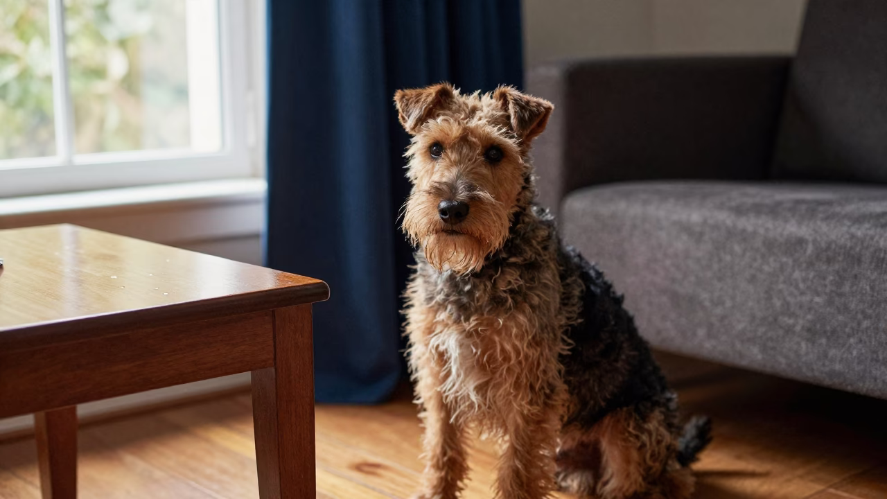 Manchester Terrier Portrait Near Batna Window in on a sofa near a curtained window with calm indoor light in Batna