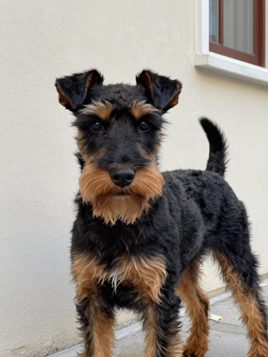 Manchester Terrier Portrait Near Beyoglu Wall in beside a plain courtyard wall in clear daylight with the animal at eye level near Beyoglu, Istanbul