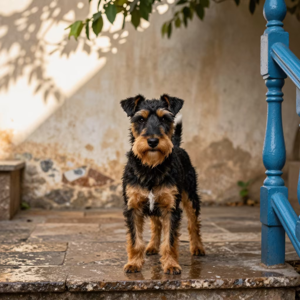 Manchester Terrier Portrait Near Courtyard Wall in beside a plain courtyard wall in clear daylight with the animal at eye level near Ar Ramtha