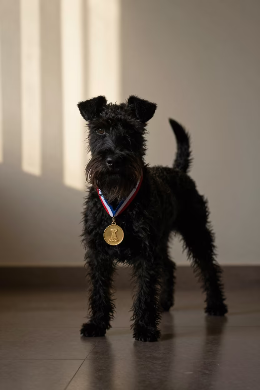 Manchester Terrier Portrait Near Jijiga Wall in beside a plain plaster wall in soft indoor light with the animal centered in frame near Jijiga