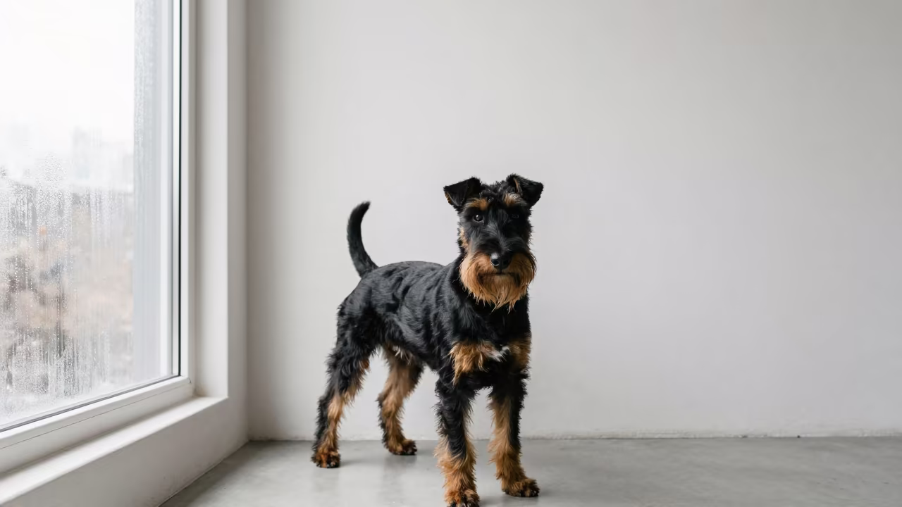 Manchester Terrier Portrait Near Plain Wall in beside a plain plaster wall in soft indoor light with the animal centered in frame near Cleveland