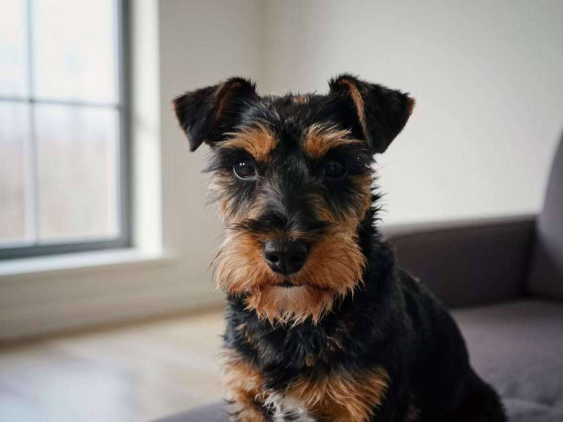 Manchester Terrier Portrait Near Rome Window in on a sofa near a curtained window with calm indoor light in Campo de' Fiori, Rome