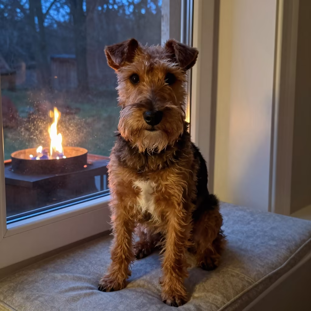 Manchester Terrier Portrait Night Window Seat in on a cushioned window seat with soft side light and an uncluttered background near Kollam