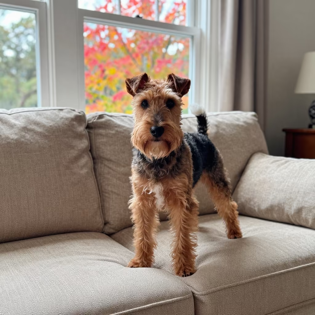 Manchester Terrier Portrait on Autumn Sofa in on a sofa near a curtained window with calm indoor light near Lower Hutt