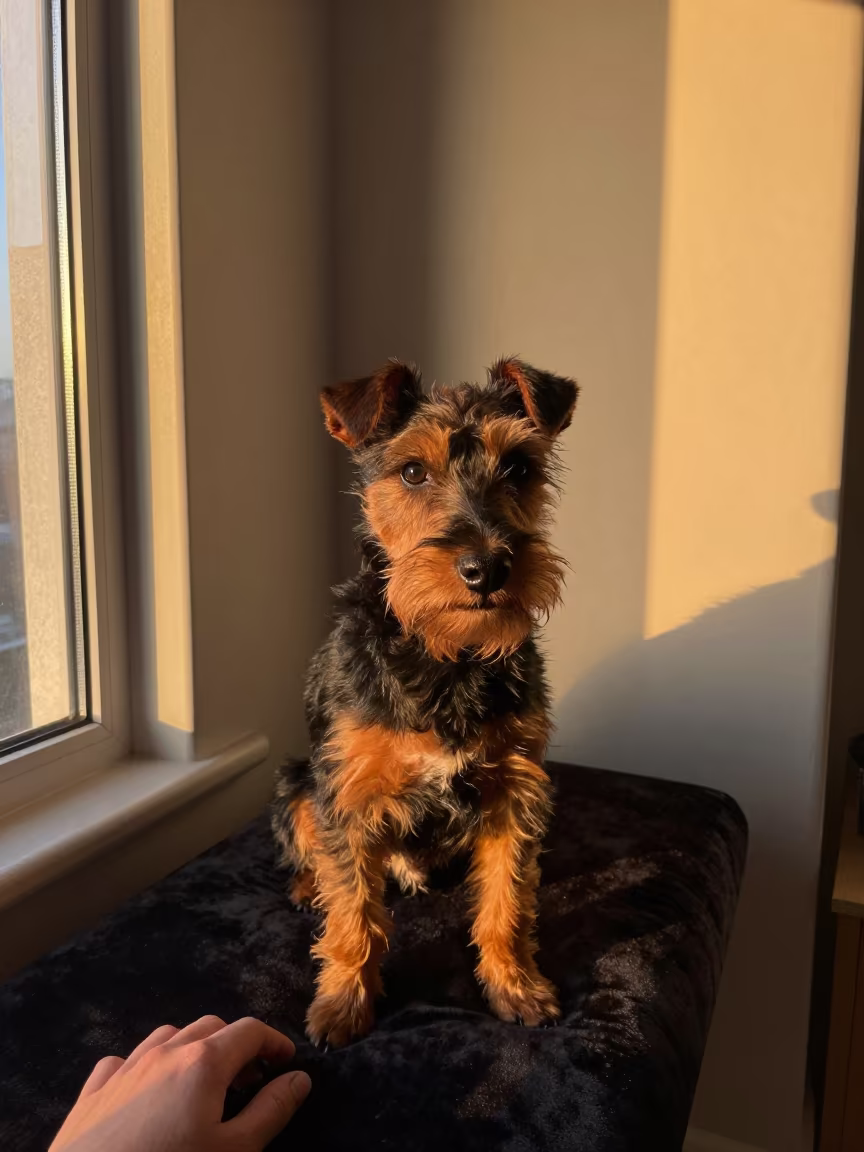 Manchester Terrier Portrait on Autumn Window Seat in on a cushioned window seat with soft side light and an uncluttered background near Memphis