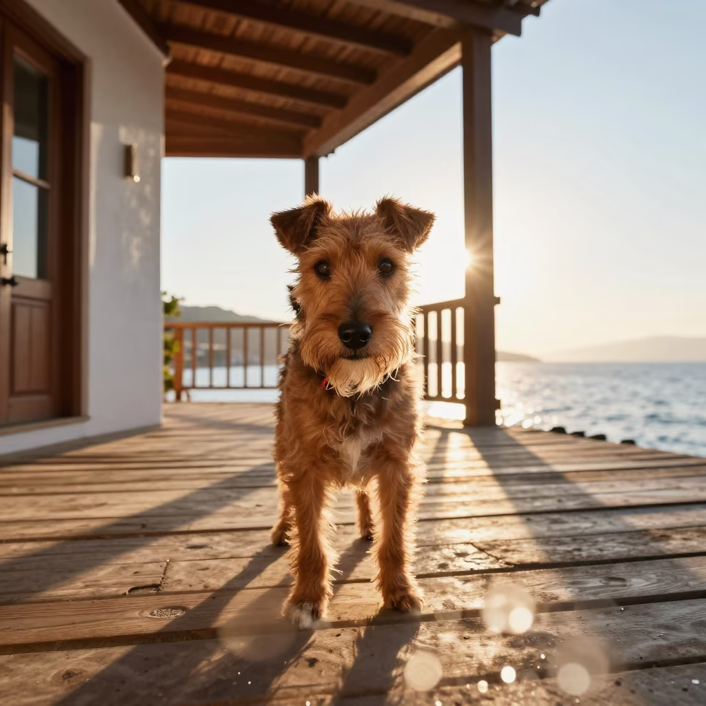 Manchester Terrier Portrait on Bodrum Porch at Dawn in on a shaded front porch with boards, railings, and eye-level framing near Bodrum