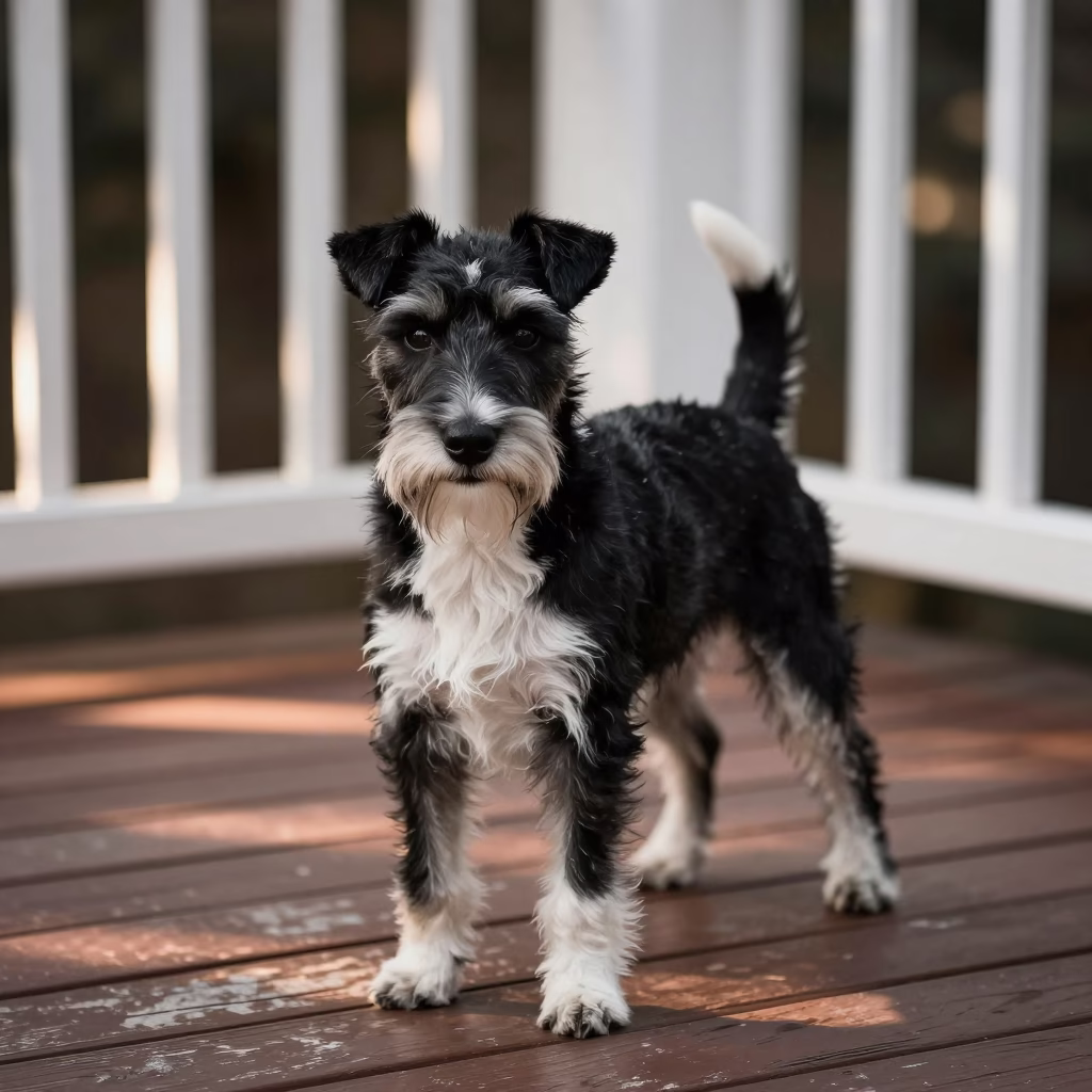 Manchester Terrier Portrait on Chicago Porch in on a shaded front porch with boards, railings, and eye-level framing in Chicago