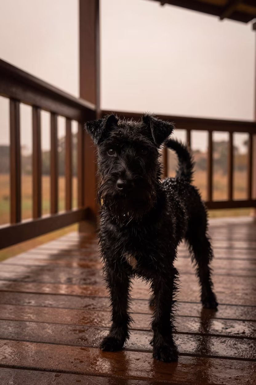Manchester Terrier Portrait on Cordoba Porch in on a shaded front porch with boards, railings, and eye-level framing in Cordoba Argentina