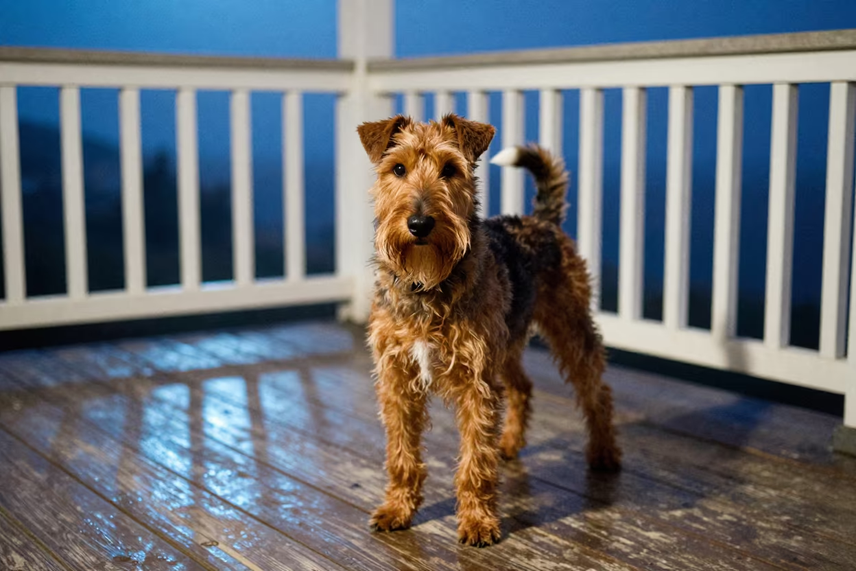Manchester Terrier Portrait on Corfu Porch in on a shaded front porch with boards, railings, and eye-level framing in Corfu