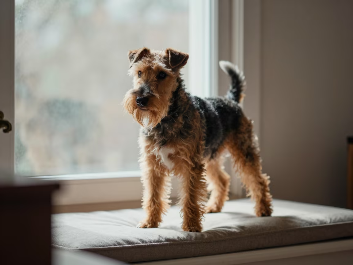 Manchester Terrier Portrait on Cushioned Window Seat in on a cushioned window seat with soft side light and an uncluttered background near Abidjan