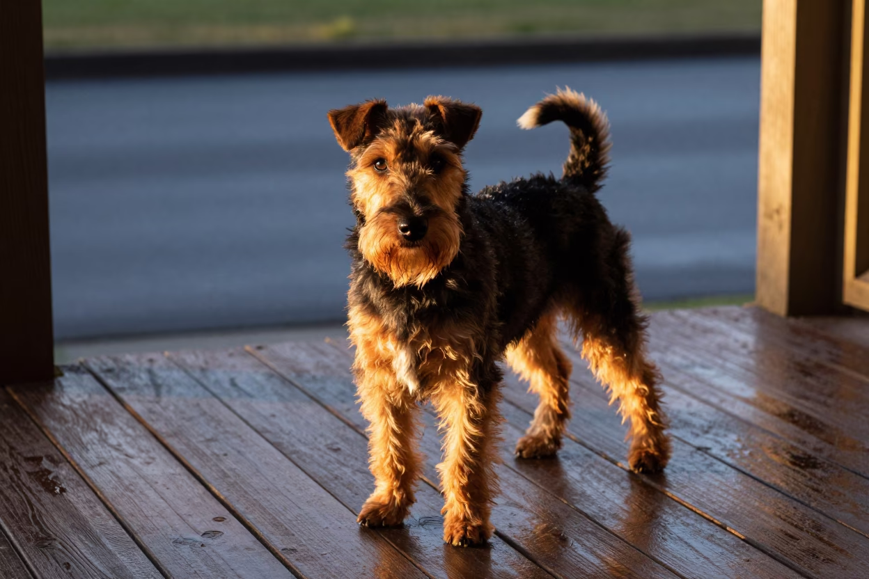 Manchester Terrier Portrait on El Tigre Porch in on a shaded front porch with boards, railings, and eye-level framing in El Tigre