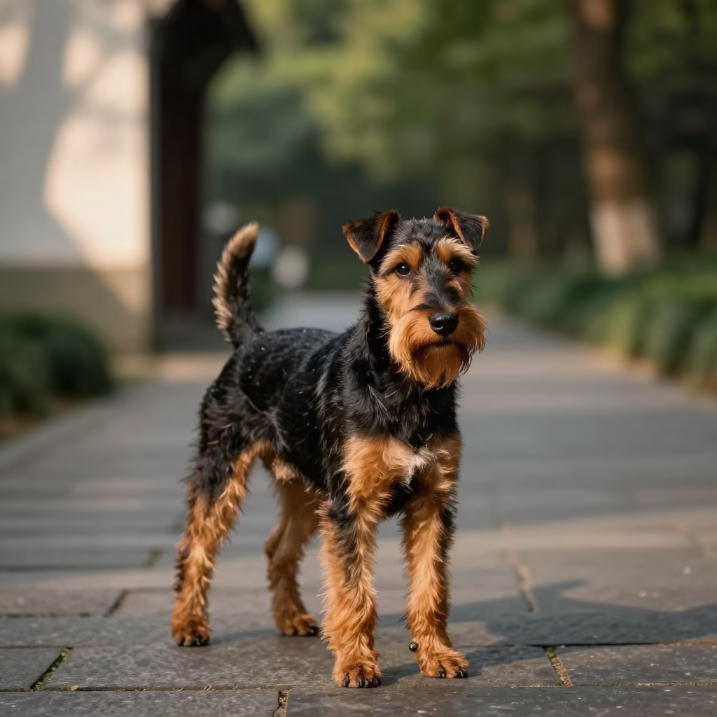 Manchester Terrier Portrait on Hangzhou Park Path in along a quiet park path with soft open shade and a clean background in Hangzhou
