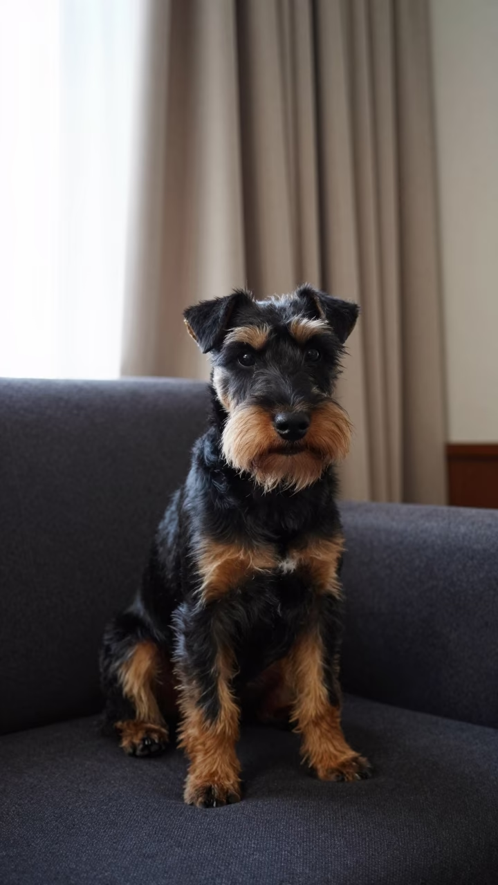 Manchester Terrier Portrait on Living Room Sofa in on a sofa near a curtained window with calm indoor light near Bulawayo