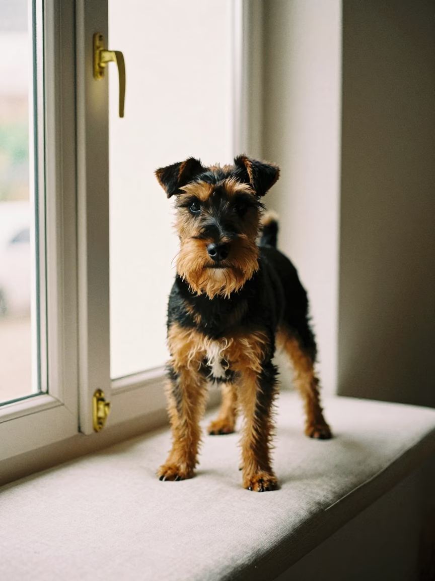 Manchester Terrier Portrait on Lome Window Seat in on a cushioned window seat with soft side light and an uncluttered background in Lome